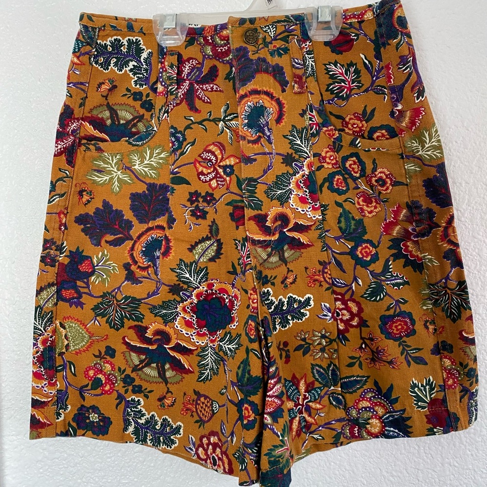 Vintage mustard botanical print high waisted shorts